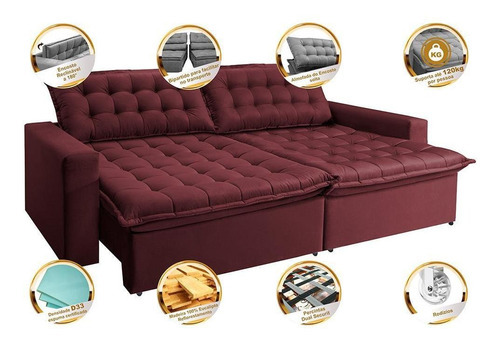 Sofá Retrátil Reclinável e Cama 2,95m Cama inBox Flex Suede Velusoft Vinho