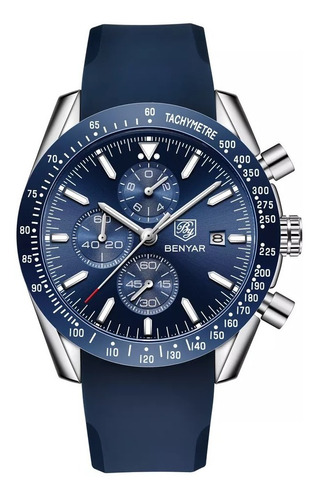 Relógios esportivos masculinos Benyar 5140 Pas, estojo cronógrafo, cor da malha, azul, moldura, cor de fundo azul
