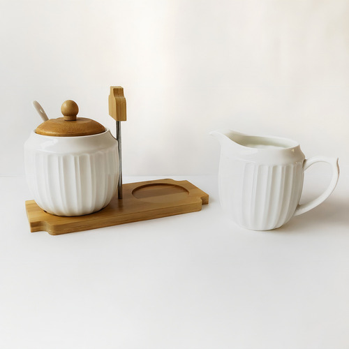 Set Azucarera Y Lechera De Porcelana Con Base De Bambú Color Blanco