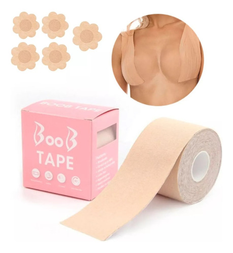 Combo Corpiño Adhesivo Cinta Boob Tape 5 Mts + 5 Pezoneras 