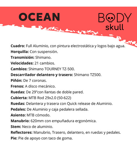 Bicicleta Mtb Aluminio Body Skull Ocean R29 - Mountain Bike Rodado 29 - Cuadro Aluminio Negro Talle L - Cambios Shimano Tourney Tz500 - Frenos Disco Mecanico - Llantas Aluminio Doble Pared - Bs290-ln