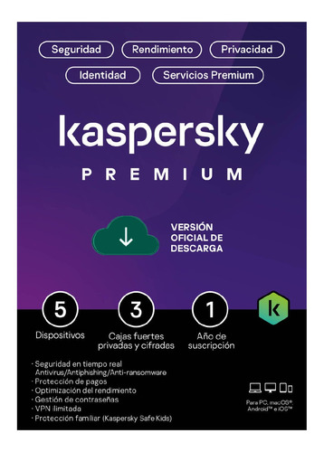Imagen 1 de 5 de Kaspersky Antivirus Premium 5 Dispositivos Por 1 Año