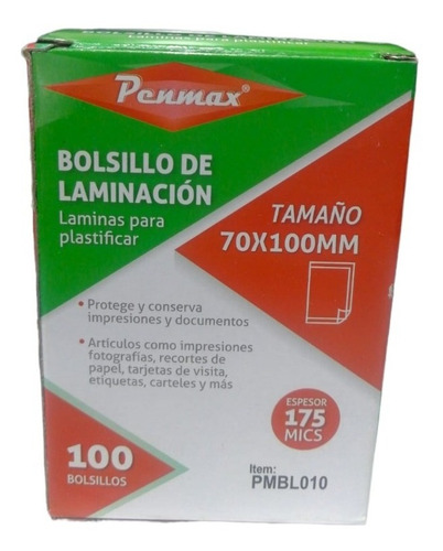Imagen 2 de 2 de Bolsillos Para Laminación X 100 Und 70x100 Mm Penmax