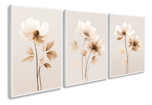 Kit Quadros Decorativos Flores Brancas Bege Moderno Moldura
