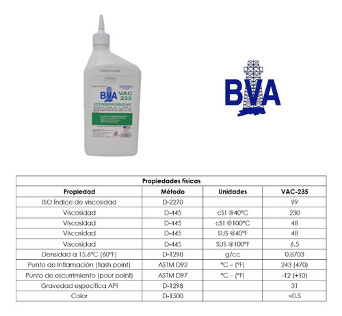 Aceite Para Bomba De Vacío 1/4 De Galón (937ml) Marca Bva