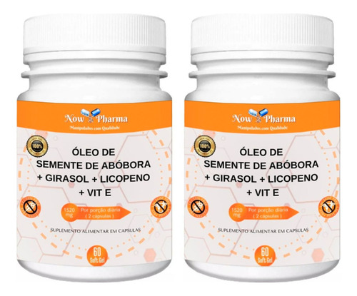 Kit 2 Un - Abobora + Licopeno Vit E Selenio 60cps Now Pharma Sabor Sem