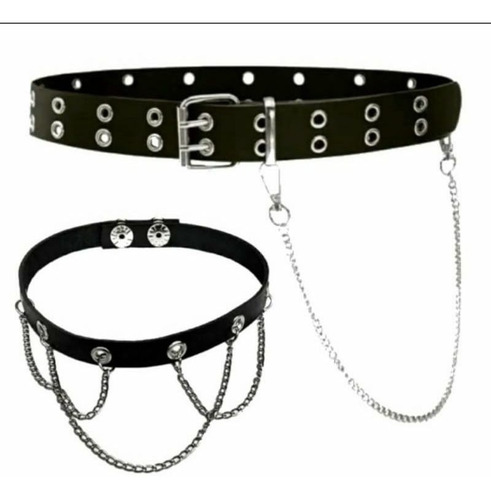 Cinto Punk Rock Ilhós + Gargantilha Choker + Corrente Cospla