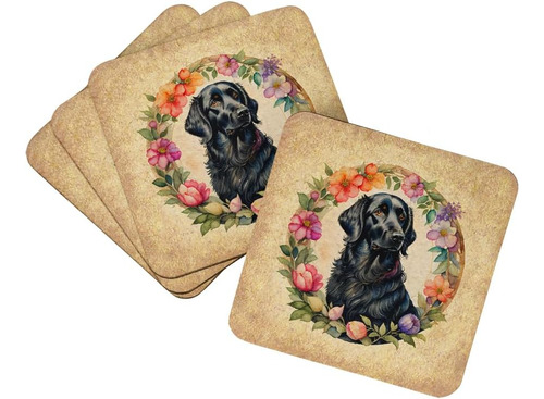 Flat-coated Retriever And Flowers Foam Coaster Set Of 4 Cup 