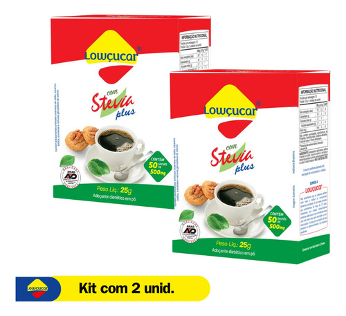 Kit Com 2 Adoçantes Lowçucar Com Stévia 50 Sachês De 0,5g