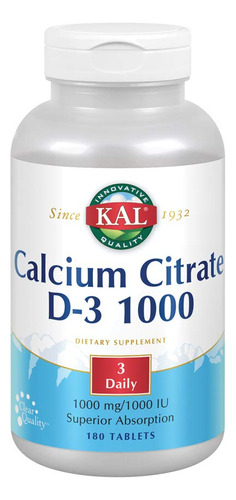 Citrato De Calcio Kal Con Tabletas D 1000 Ui, 1000 Mg, 180 U