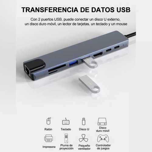 Wa Divisor De Hub Usb De Audio Tipo C Ocho En Uno