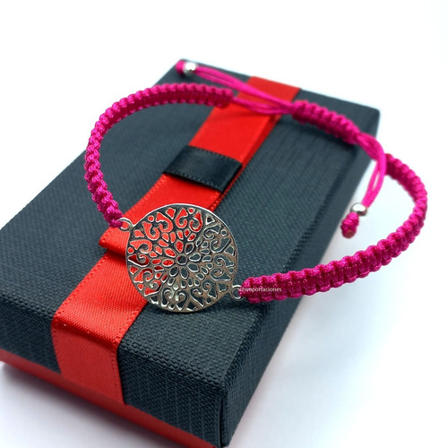 Pulsera Rosa Flor Mándala En Plata 925 - Ajustable + Caja