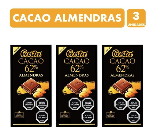 Chocolate Cacao 62% Almendras, De Costa - Pack De 3 Unidades