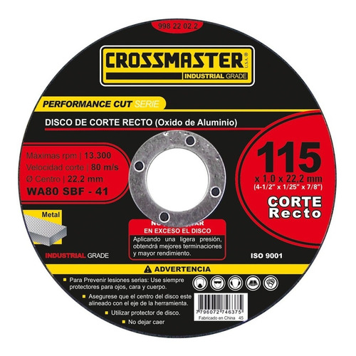 Kit Discos Corte Metal Amoladora 115 Mm Crossmaster X 10
