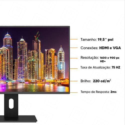 Monitor Vertical Horizontal 19.5 3green Rotação 90°hdmi Vga
