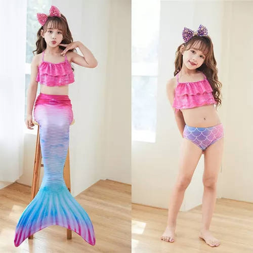 Traje De Baño Niña Sirena Conjunto De Tres Piezas Con Cola