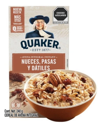 2 Pzas Avena Instantánea Quaker Nueces Pasas Y Dátiles 240 G