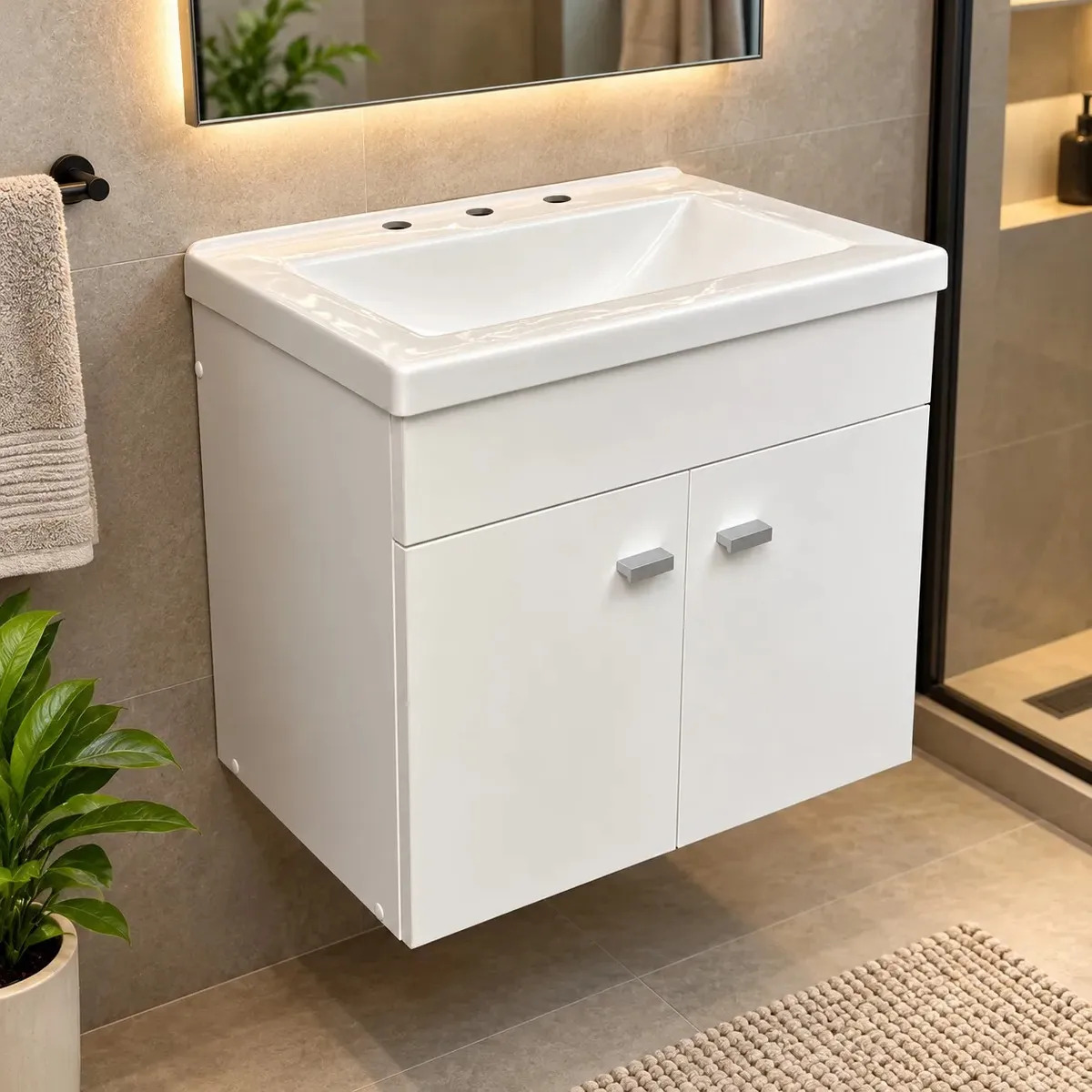 Vanitory Colgante Baño Deco Hermanos Bicoalb 52x48.5x38cm. Incluye bacha bicomando acrílica de alta resistencia. Modelo imperdible para renovar espacios.