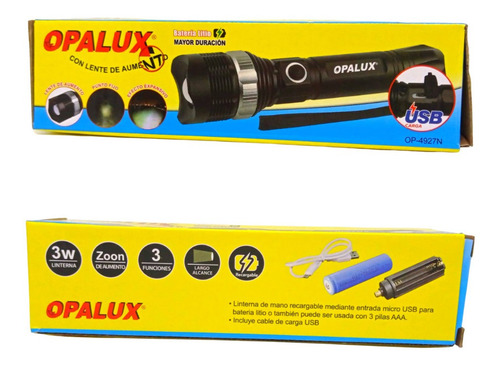 Linterna Táctica De Metal Recargable C/ Zoom Opalux Op-4927n