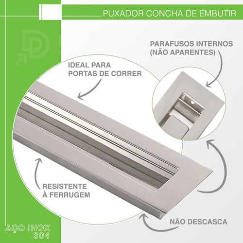 Kit Com 20 Puxadores Concha De Embutir Em Aço Inox 20cm Cor Escovado Fosco