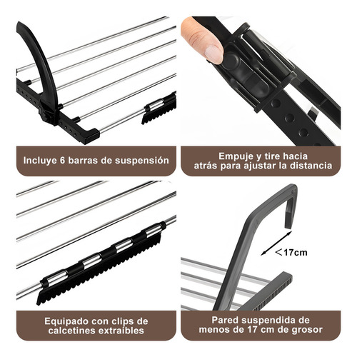Hoone Tendedero Retractil Portati de Acero Inoxidable con Calcetine Pinzas gris