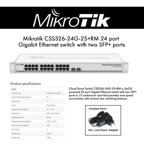 Imagen 4 de 5 de Cloud Smart Switch Mikrotik Css326-24g-2s+rm 24 Puertos Gigabite + 2 Sfp+