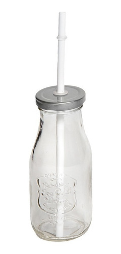 Set X4 Botellas 250 Ml Vidrio Con Sorbete Y Tapa Rosca Plata