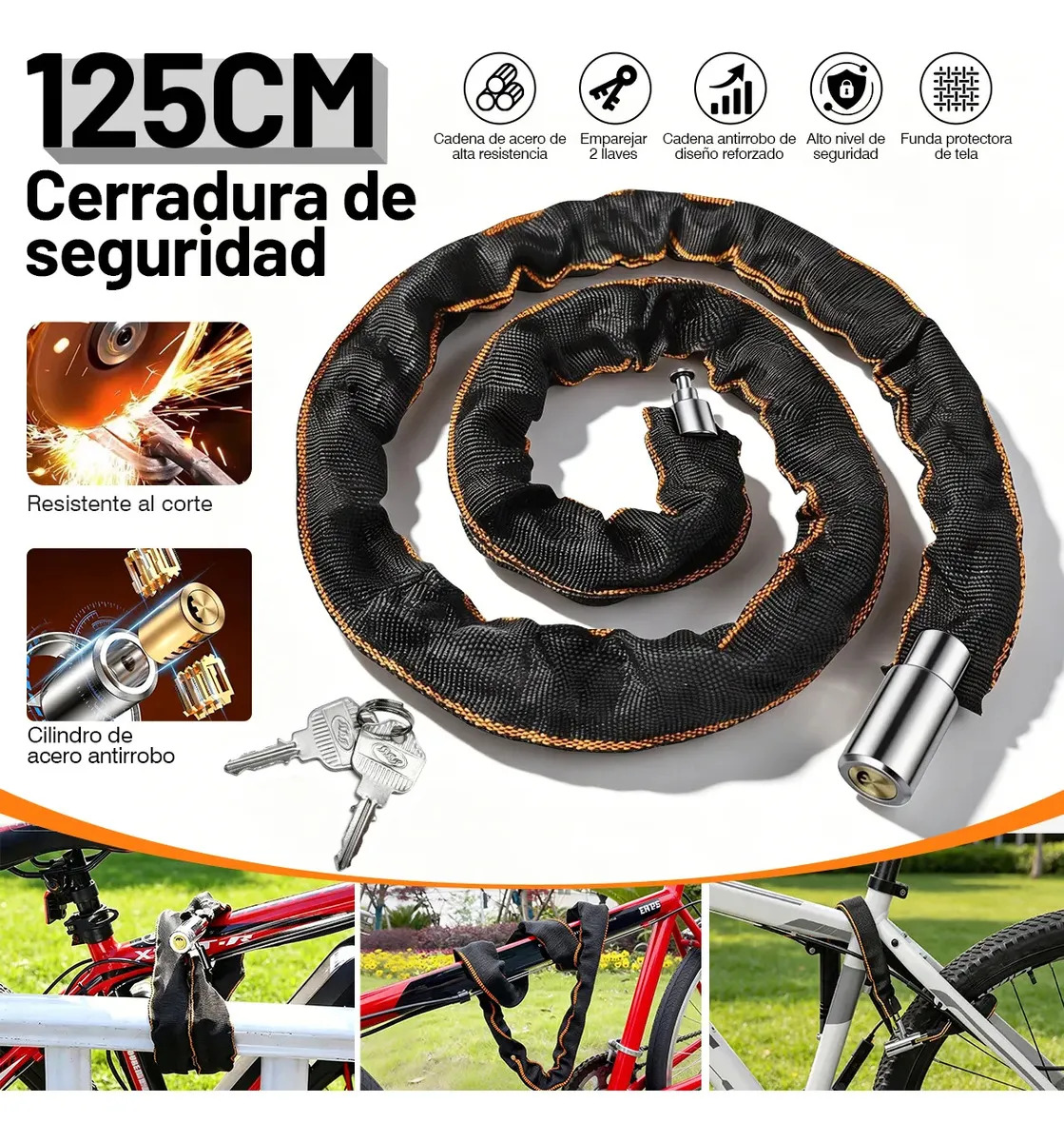 Vanance Cerradura De Cadena Candado Para Moto Bicicleta 125cm Con 2 Llave Alta Seguridad Antirrobo Resistente Acero Reforzado Candado Bici Con Recubrimiento De Tela Negro