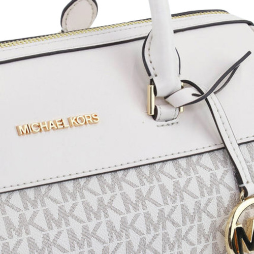 Bolsa Michael Kors Jet Set Travel Logo Multi Duffle Acabado de los herrajes Dorado Color Blanco Color de la correa de hombro Beige Diseño de la tela Monograma