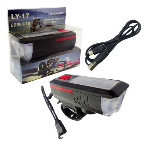 Luz Delantera Bocina Solar Recargable Para Bicicleta 8 Tonos