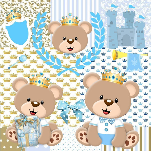 Kit Osito Principe Rey Corona Clipart Png + Fondos Papeles