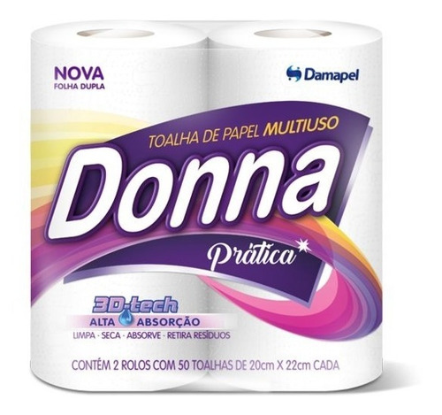 Papel Toalha 2 Rolos 50 Fls 20x22cm Alta Absorção Donna