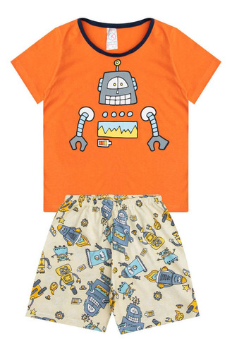 Conjunto Pijama Infantil Menino Algodão Robozinho Laranja