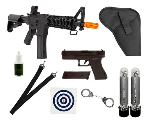 Fuzil M4 Airsoft 6mm 180fps + Pistola V307 + Kit Atirador Preto