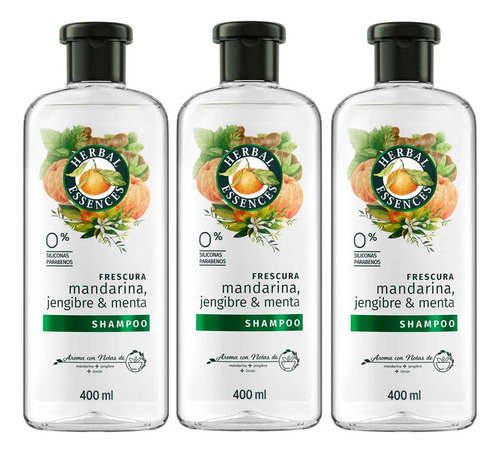 3 Shampoo Herbal Essences Frescura Mandarina, Jengibre 400ml