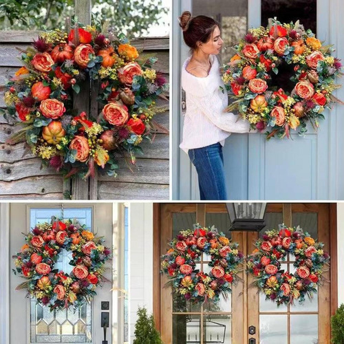 Corona De Peonía Y Calabaza De Otoño Para Puerta De Entrada