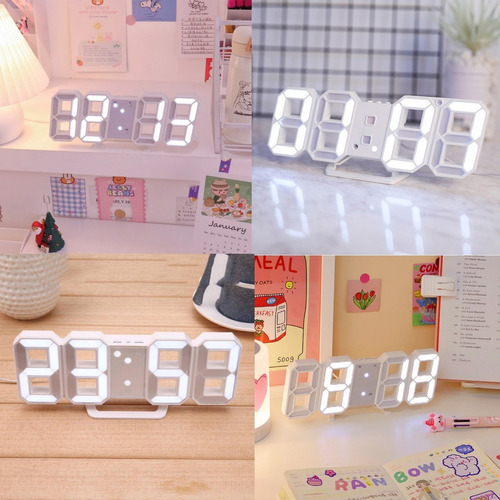 Reloj LED digital de escritorio y pared con alarma de fecha, color blanco/blanco