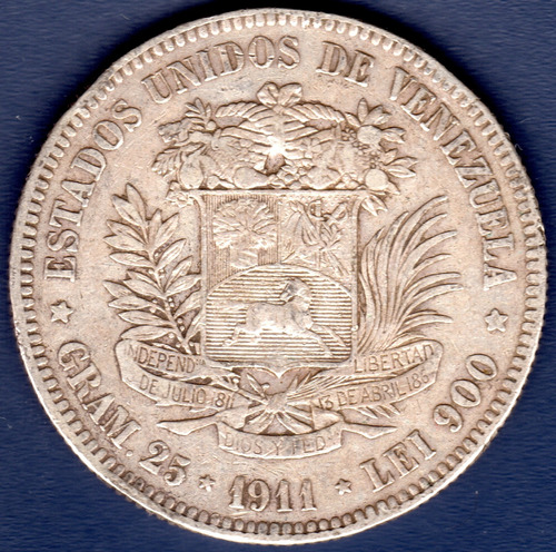 Moneda Fuerte De Plata 5 Bolívares De 1911