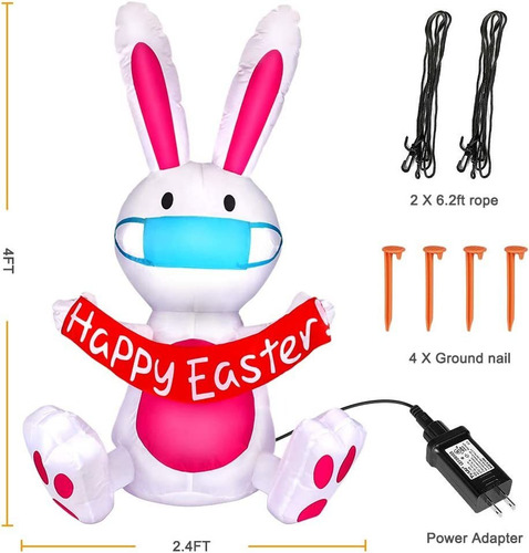 Achorte Inflable De Conejo De Pascua, Con Barbilla Y Luz Led