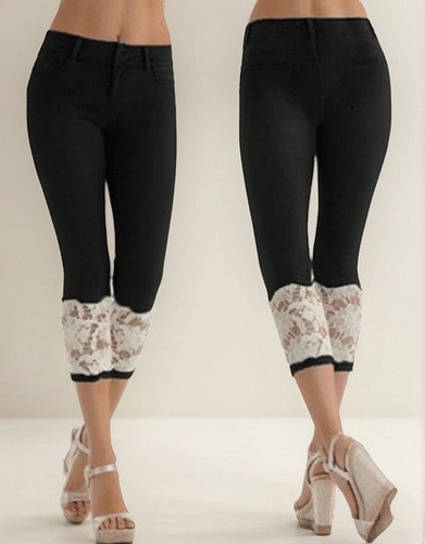 Jeans Cortos Casuales De Mezclilla De Encaje Elástico De Ver