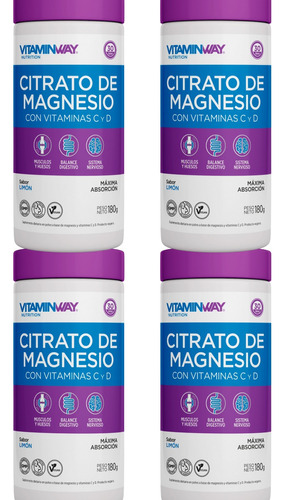 Citrato De Magnesio En Polvo Bebible 180 Gr X4 Vitamin Way