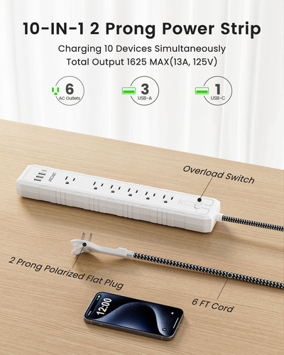 LENCENT Multicontacto Regleta Eléctrica con Protección Contra Sobretensión 1050J,6 Salidas, 3 USB y 1 Tipo C,45° Enchufe Plano Extensión Pared para Hogar Oficina Dorm
