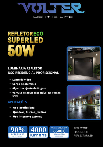 Refletor Led Aluminio 50w Bivolt Ip66 6500k Preto