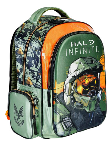 Mochila Halo Primaria Infinite Escolar Juvenil Lapicera Videojuego Reforzada Color Halo Verde Diseño De La Tela Lisa