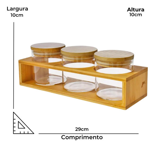 Kit 3 Porta Temperos 300ml De Vidro Com Tampa, Colher E Base Decorativa De Bambu