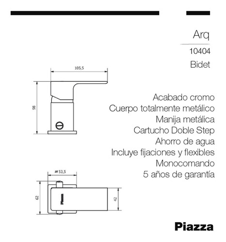 Imagen 2 de 4 de Grifería Bidet Transferencia Monocomando Piazza Arq 10404