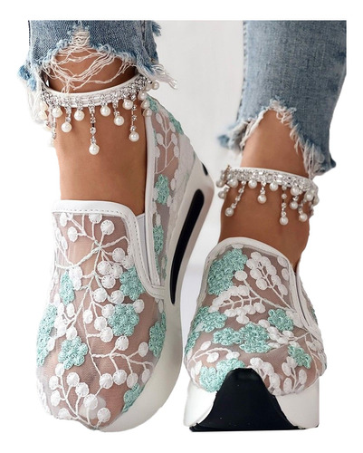 Zapatos Plataforma De Malla Con Bordado Floral Damas