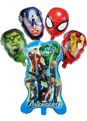 Pack 5 Globos Metalizados Avengers Iron Spider America Hulk