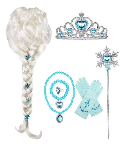 Elsa Frozen Peluca Cosplay Disfraz Niña Infantil 7 Piezas