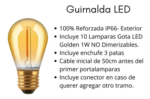 Imagen 2 de 6 de Guirnalda Led Exterior Gota Golden Deco 1w 10mts Reforzada